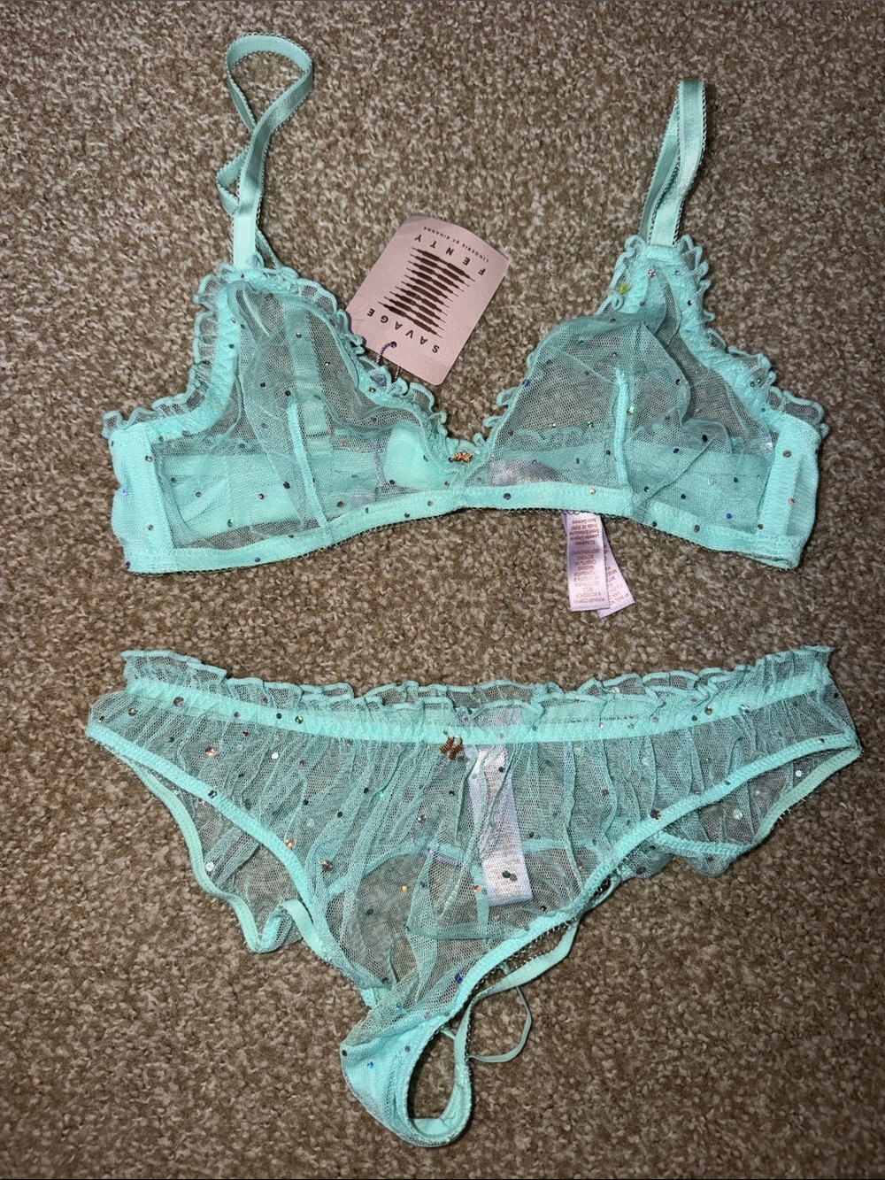 Savage X Fenty Mint Sheer Polka Dot Lace Bralette & Brief Set